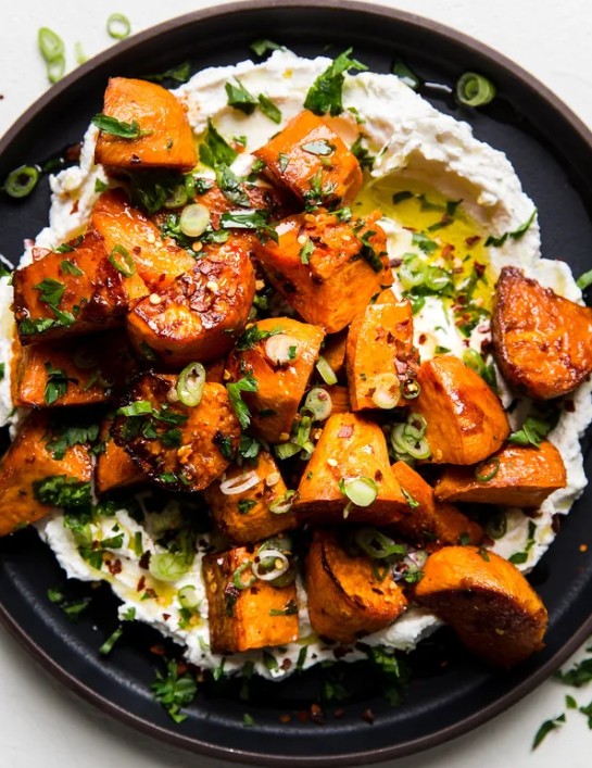 Roasted Sweet Potatoes with Honey and Sea Salt over Labneh