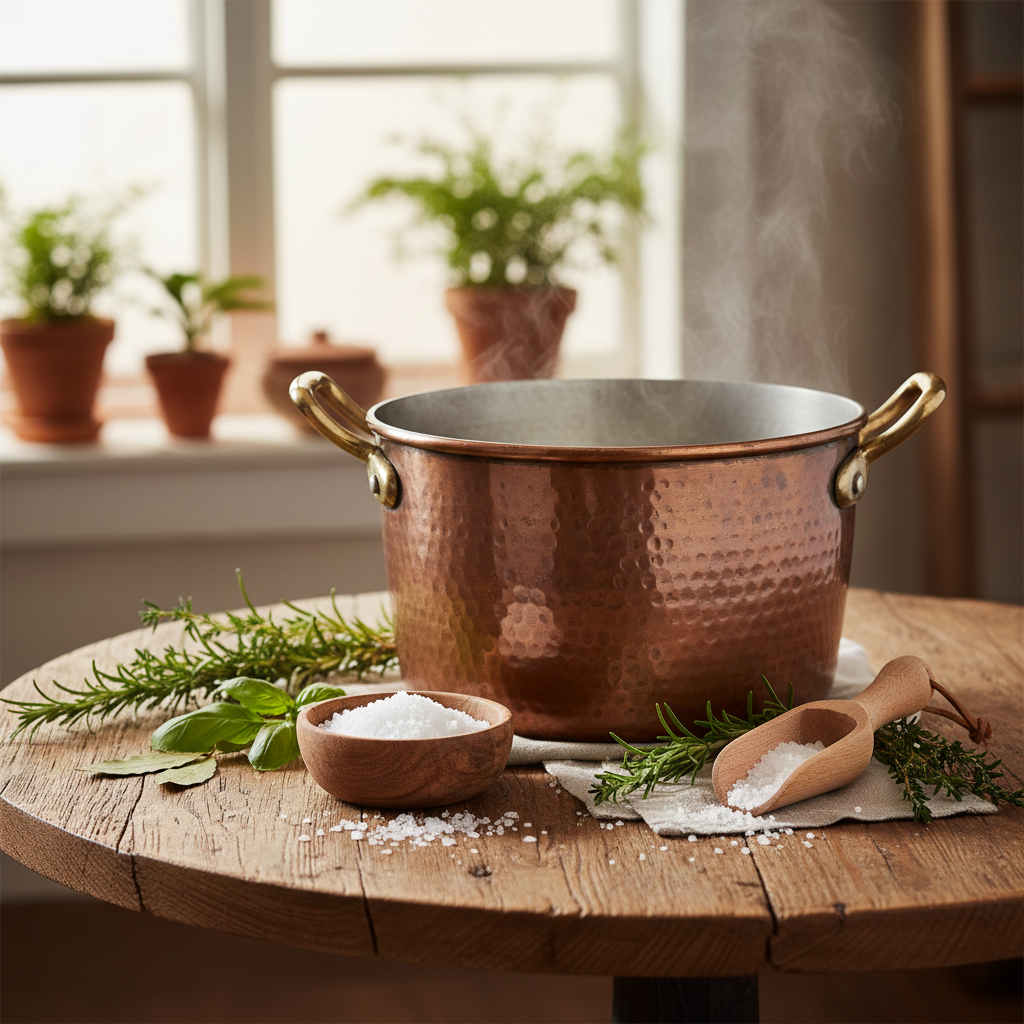 Steaming hammered copper pot on a wooden table with fresh herbs and salt.